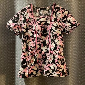 Cherokee black with pink and white floral design scrub top